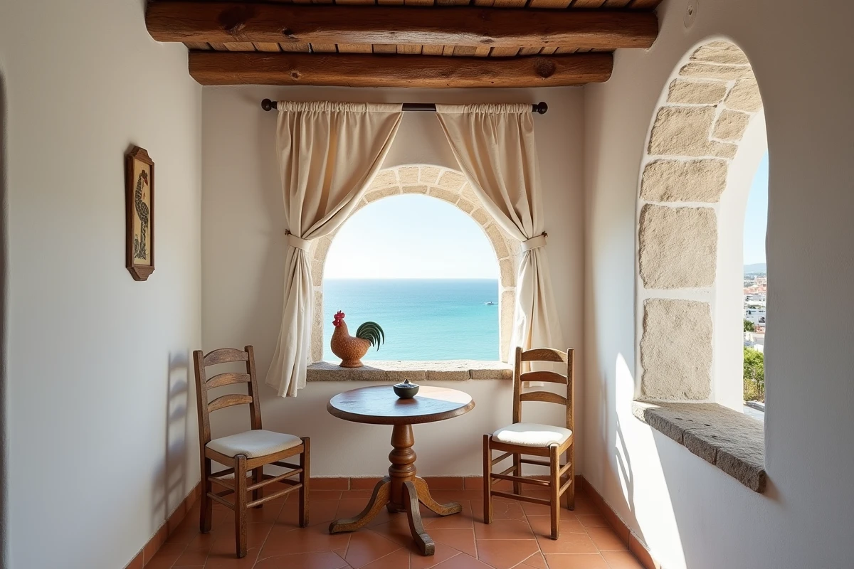 Intérieur rénové d'une petite maison de pêcheur au Portugal avec vue sur l'océan Atlantique