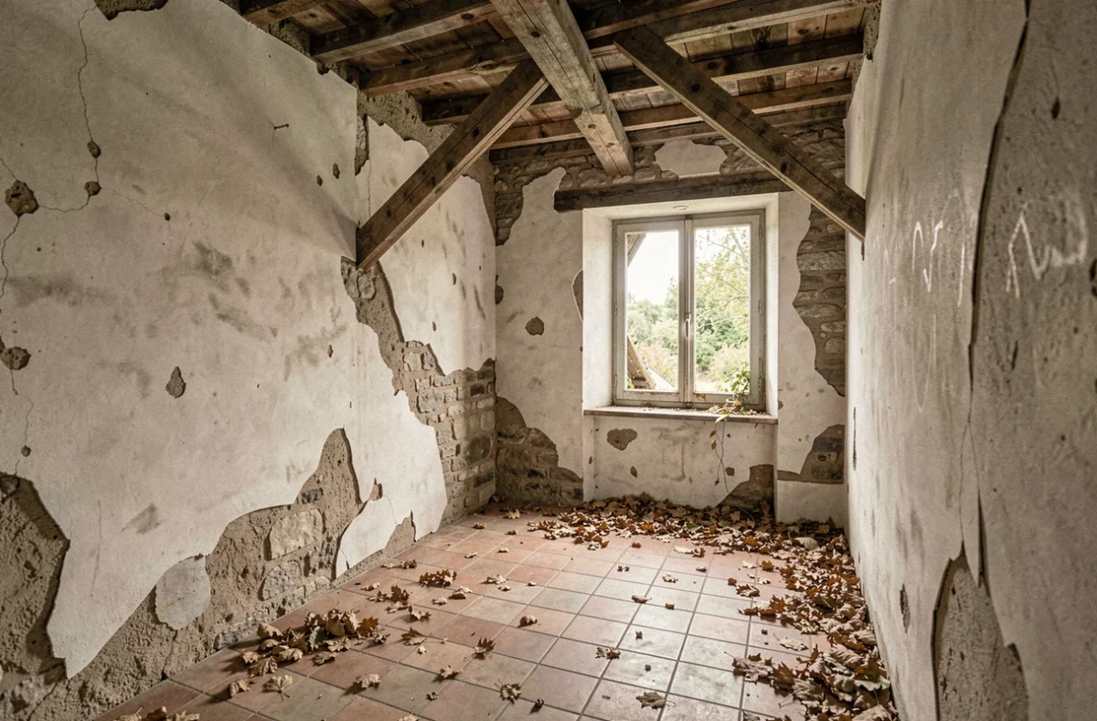 Intérieur délabré d'une maison rurale abandonnée avec murs en plâtre écaillé, poutres effondrées et carrelage fissuré
