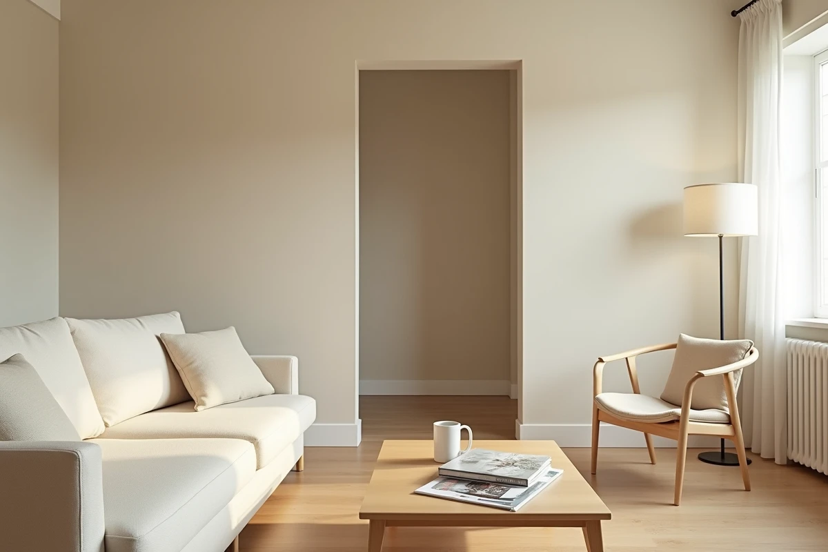 Intérieur lumineux d'une maison plain-pied de 2 chambres meublée avec salon cosy et sol en chêne clair