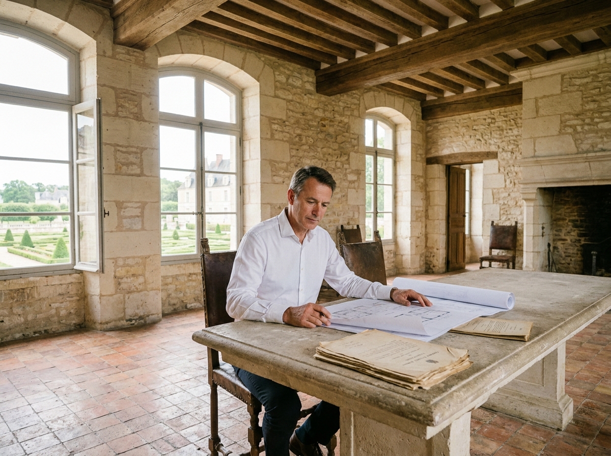 Homme d'affaires étudiant des plans dans un château français restauré de la Loire, investissement patrimonial de prestige