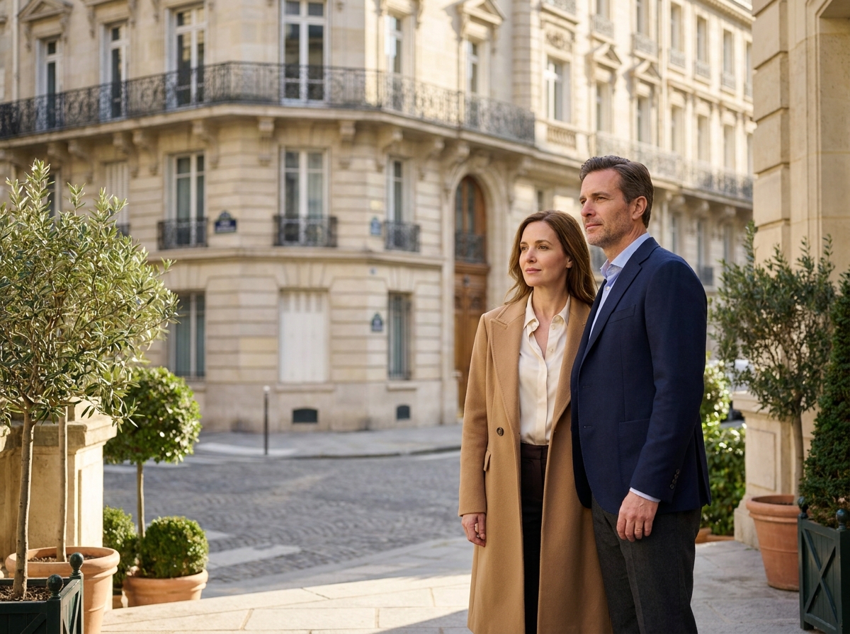 Couple élégant observant un immeuble haussmannien parisien en pierre, investissement immobilier haut de gamme en France