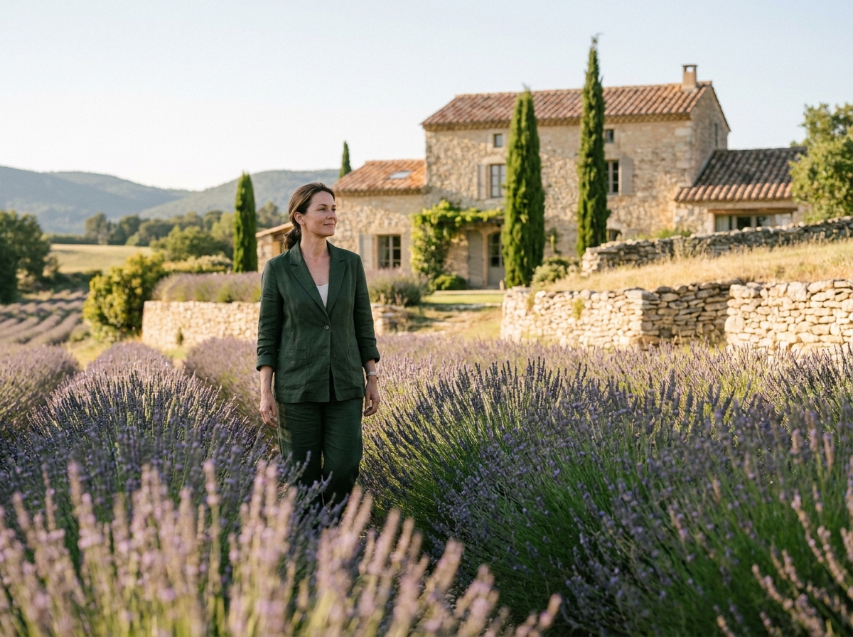 Femme élégante devant un mas provençal rénové entouré de lavande, investissement immobilier de luxe en Provence