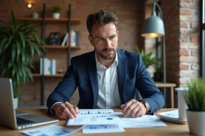 Investisseur immobilier analysant des tableaux de rentabilité avec la méthode IDR sur ordinateur portable et documents imprimés dans un bureau moderne