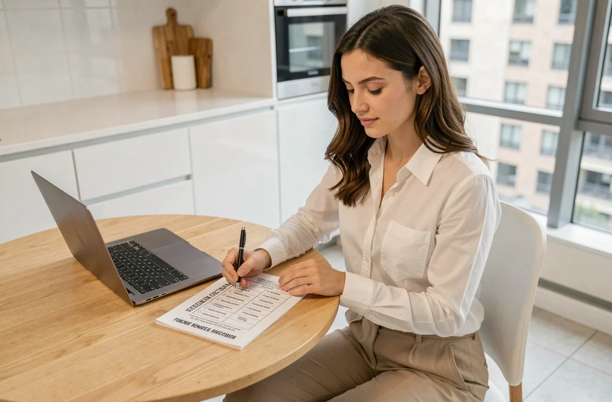 Jeune femme investisseuse vérifiant une liste de mobilier pour location meublée avec checklist imprimée et ordinateur portable