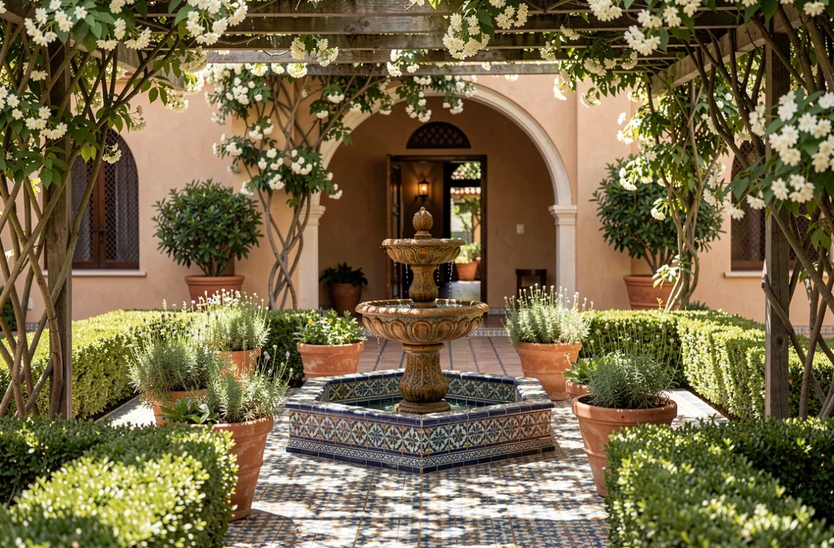 Jardin privé avec fontaine en zellige et pergola jasmin d'une villa à Targa Marrakech