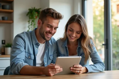 Jeune couple souriant regardant des annonces d'appartement sur une tablette