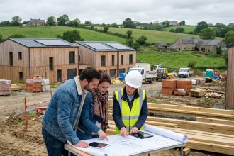 Jeune couple avec architecte sur chantier à Rennes