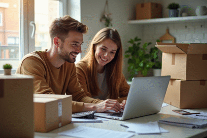 Jeune couple à la cuisine vérifiant un budget familial