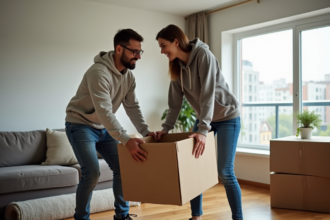 Jeune couple déballant une boîte dans un appartement moderne
