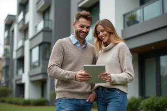 Jeune couple souriant discutant avec tablette devant immeuble moderne