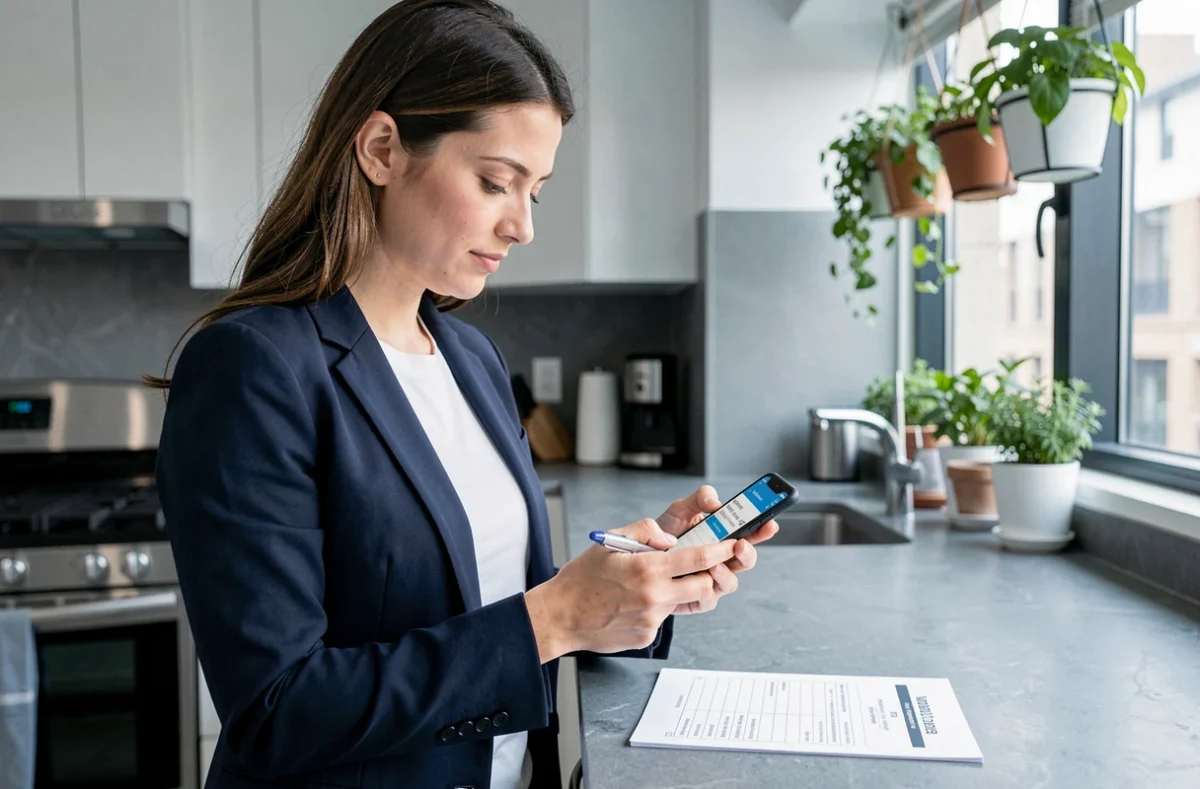 Jeune femme utilisant une application de comparateur d'assurance habitation sur smartphone dans une cuisine moderne