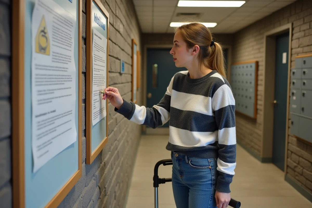 Jeune femme avec aide à la mobilité lisant un avis logement