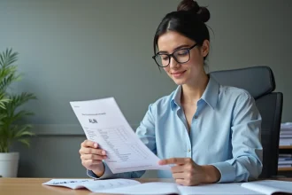 Jeune femme au bureau étudiant une fiche de paie
