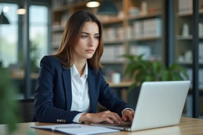 Femme professionnelle concentrée travaillant sur son ordinateur dans un bureau moderne