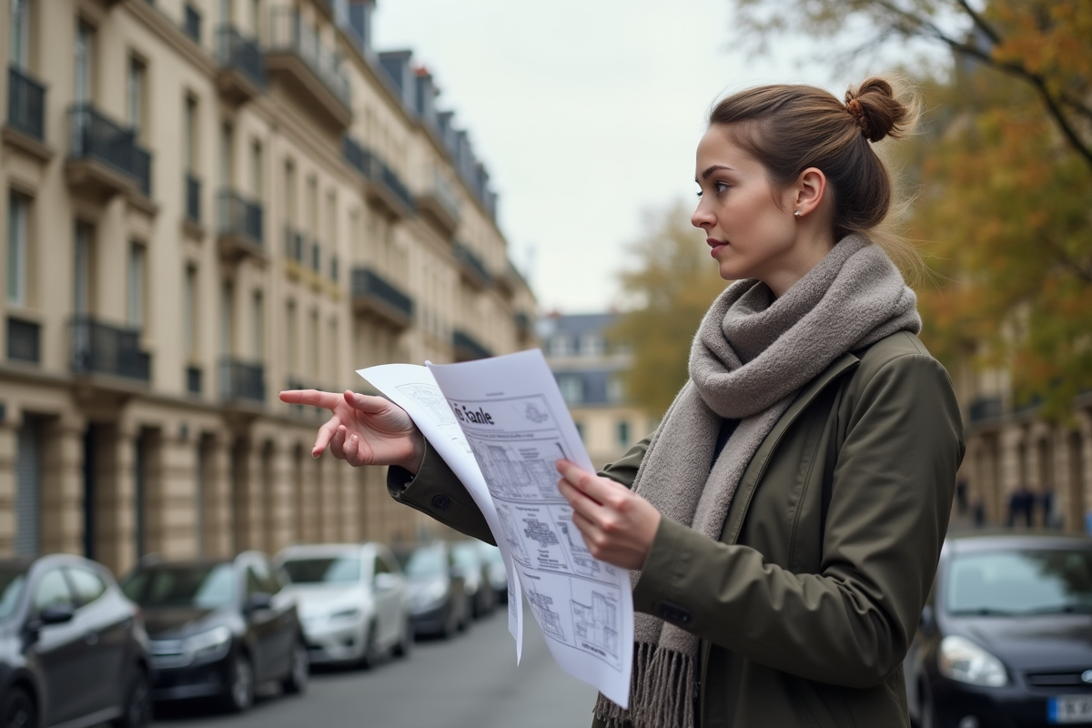 Jeune femme avec plans devant immeubles anciens