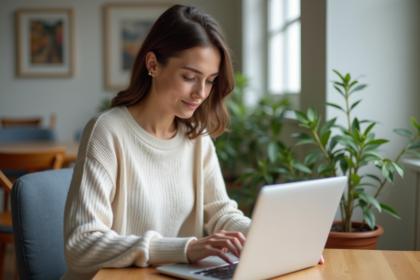 Jeune femme avec ordinateur et contrat Airbnb dans un appartement