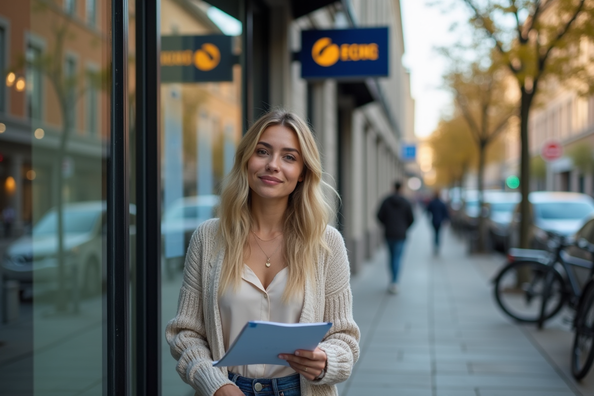 Jeune femme devant une agence de prêt urbaine avec brochure