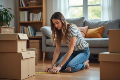 Jeune femme mesurant une boîte dans un salon organisé