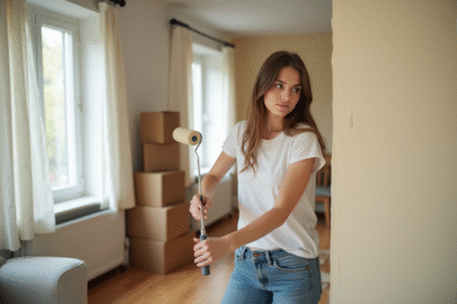 Jeune femme appliquant de la peinture beige sur un mur