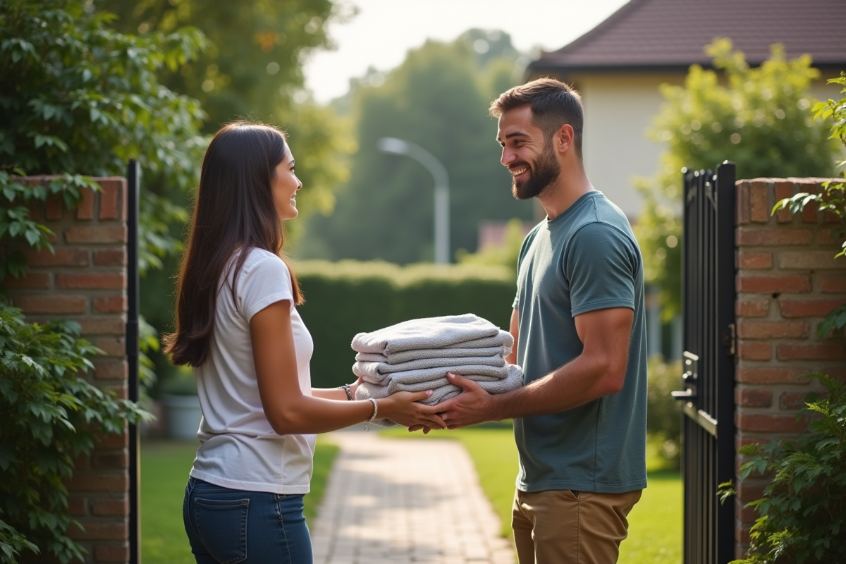 Jeune homme souriant donnant des vêtements à un voisin