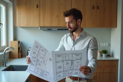 Jeune homme tenant des plans dans une cuisine moderne