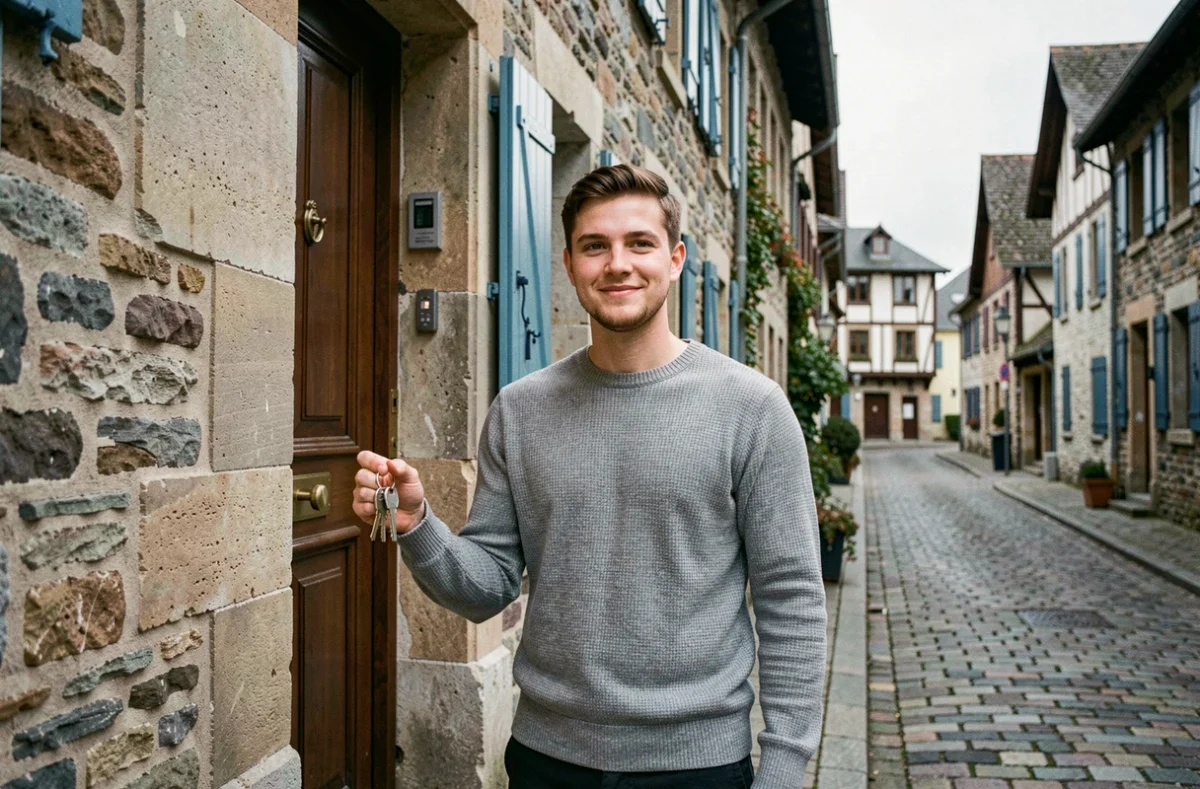Jeune propriétaire devant sa maison à Voiron avec façade en pierre et volets bleus