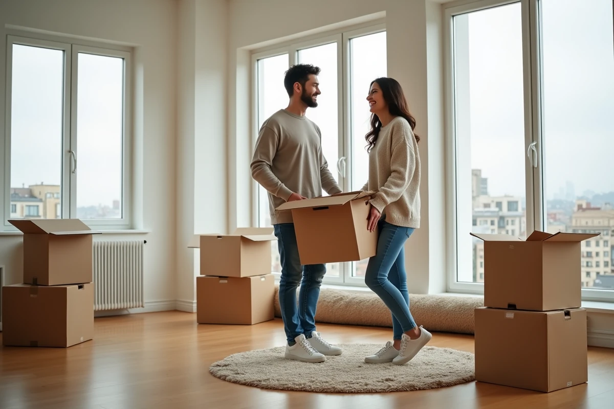 Jeune couple déballant des cartons dans un salon lumineux
