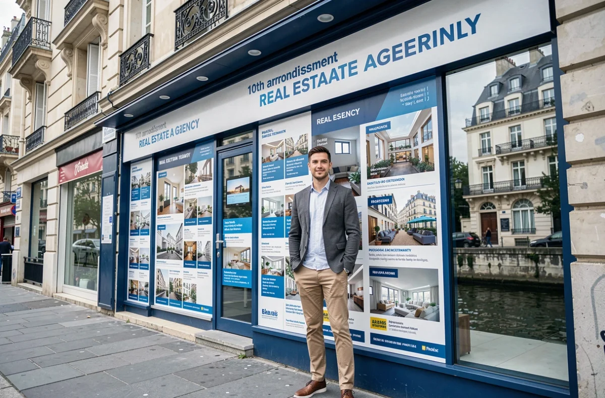 Devanture de l'agence Laforêt Paris 10e avec annonces immobilières en vitrine dans le 10ème arrondissement