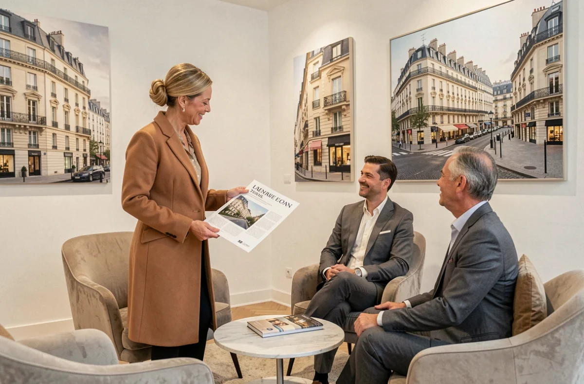 Agente de Leggett Immobilier Paris présentant des propriétés de prestige à des clients internationaux dans un bureau contemporain