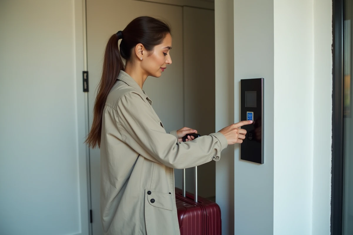 Locataire Airbnb utilisant un badge d'accès sans contact devant la porte d'un appartement