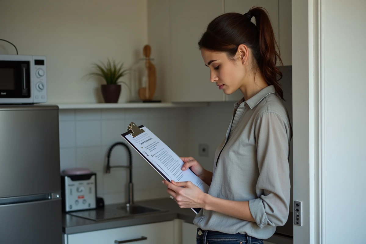 Locataire vérifiant l'inventaire de mobilier obligatoire dans un T1 bis meublé conforme à la réglementation française