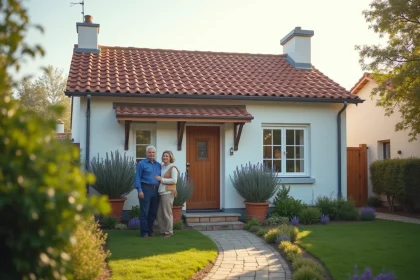 Couple devant une maison plain-pied de 2 chambres à louer avec jardin soigné et façade blanche
