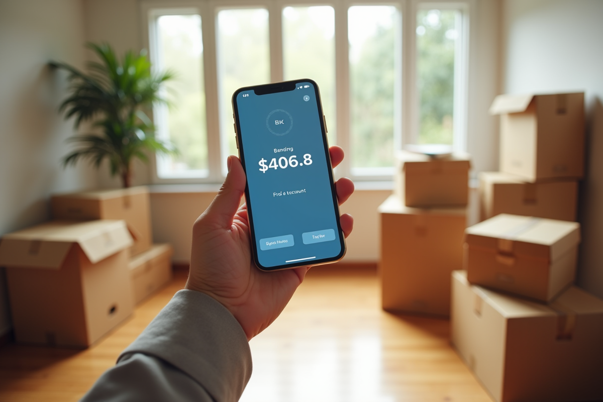 Main tenant un smartphone avec application bancaire dans une pièce en déménagement
