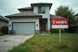 Maison à vendre avec pancarte immobilière dans un jardin mal entretenu, symbolisant une vente urgente suite à un divorce