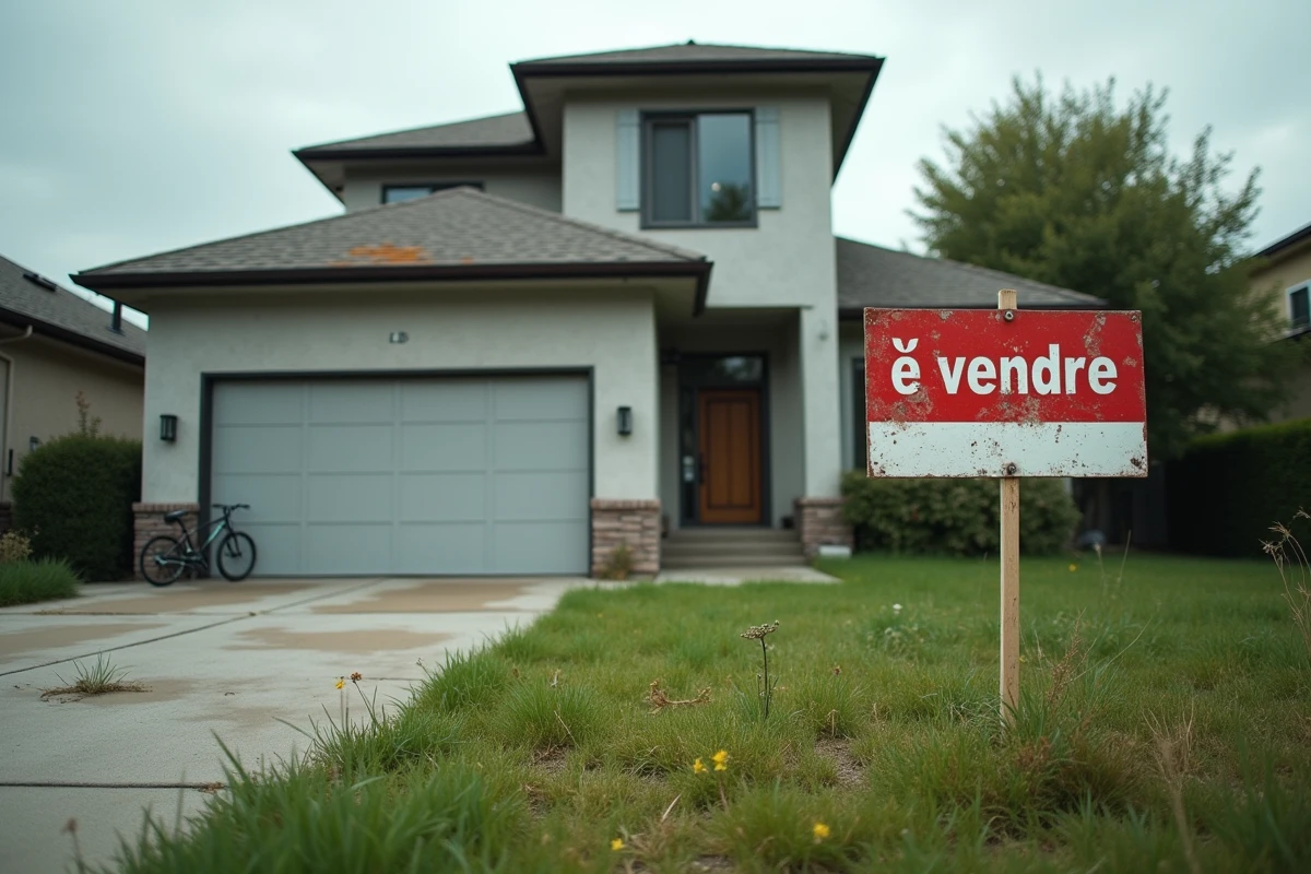 Maison à vendre avec pancarte immobilière dans un jardin mal entretenu, symbolisant une vente urgente suite à un divorce