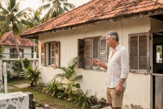 Un homme occidental examine une maison à vendre en Thaïlande avec jardin tropical et architecture locale