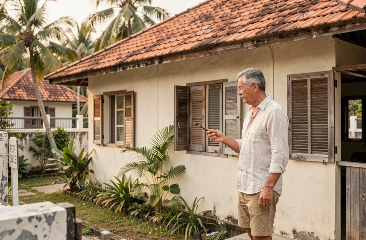 Un homme occidental examine une maison à vendre en Thaïlande avec jardin tropical et architecture locale