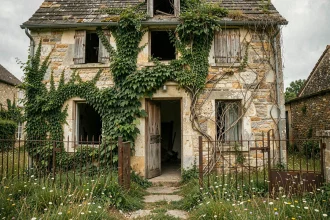 Maison abandonnée en pierre dans un village oublié de France, envahie par le lierre avec une porte en bois laissée entrouverte