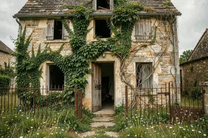 Maison abandonnée en pierre dans un village oublié de France, envahie par le lierre avec une porte en bois laissée entrouverte