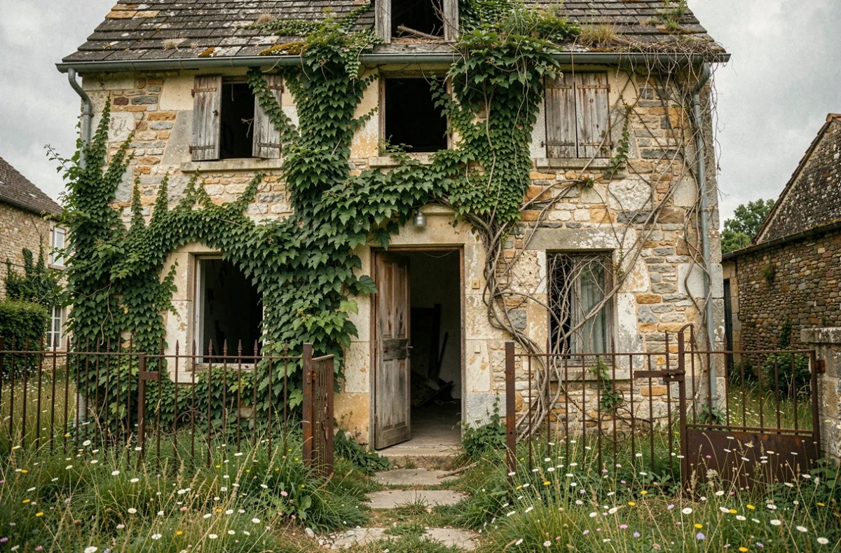 Maison abandonnée en pierre dans un village oublié de France, envahie par le lierre avec une porte en bois laissée entrouverte