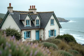 Maison normande en pierre à vendre sur les falaises du bord de mer en Normandie avec vue sur la Manche