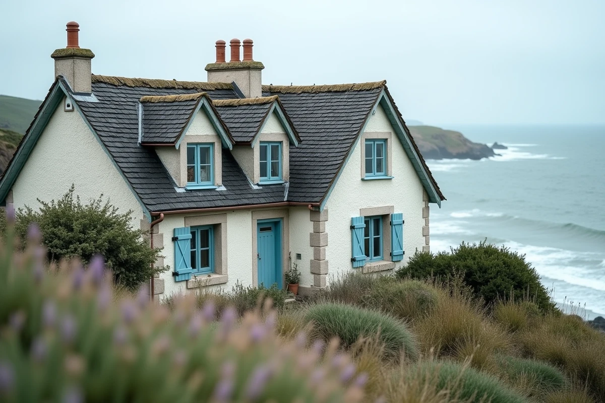 Maison normande en pierre à vendre sur les falaises du bord de mer en Normandie avec vue sur la Manche
