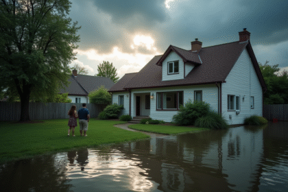 Maison de banlieue inondée avec famille et ciel orageux