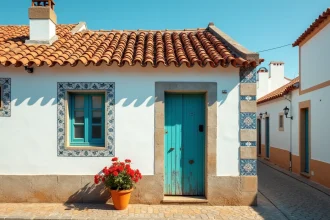 Petite maison de pêcheur traditionnelle à vendre en Algarve avec façade blanchie à la chaux et carreaux azulejos bleus