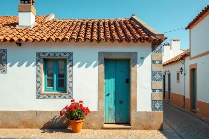Petite maison de pêcheur traditionnelle à vendre en Algarve avec façade blanchie à la chaux et carreaux azulejos bleus