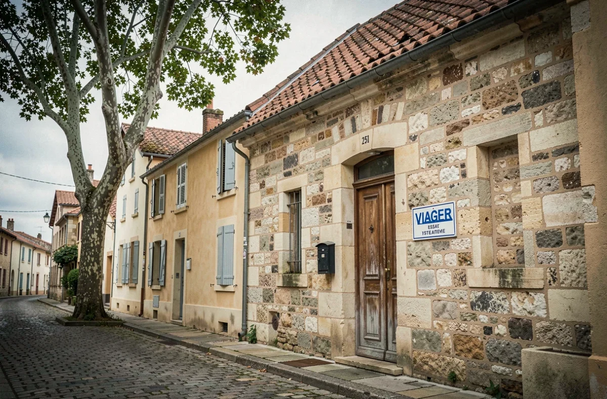 Maison à vendre en viager avec panneau immobilier dans une rue pavée d'une ville de province française