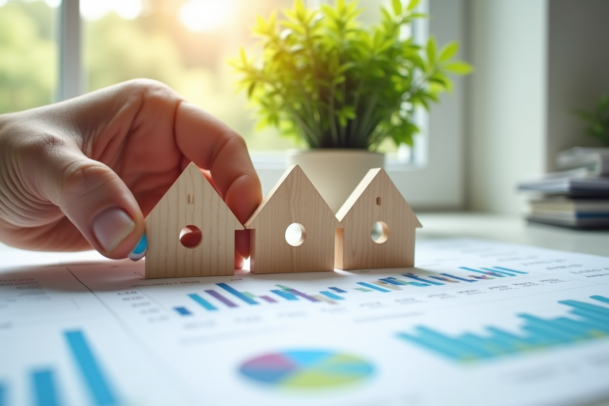 Main ajustant des maisons en bois sur des graphiques financiers colorés