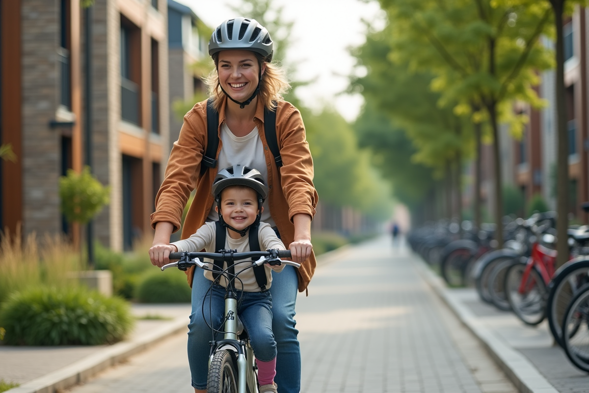 Maman et enfant en vélo dans un quartier écologique