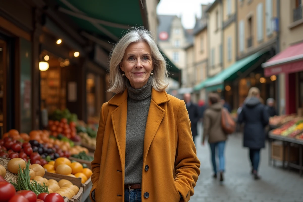 Femme visitant un marché de quartier à Saint-Étienne avec des commerces locaux en arrière-plan