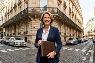 Agent immobilière professionnelle devant un immeuble haussmannien typique de Paris, illustrant le marché immobilier parisien